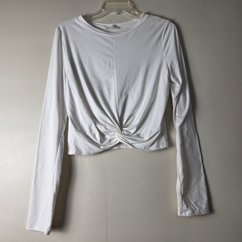 Gaze White Long Sleeve Front Twist Knot Crop Top Crew Neck Slim Fit Size M